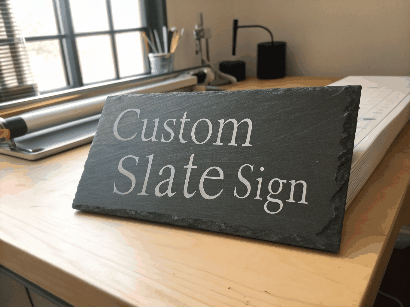 Laser engraved slate architectural signage