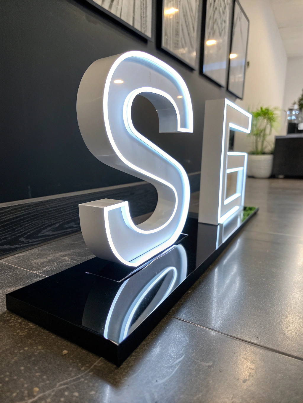 Detailed laser engraving on a custom architectural acrylic sign