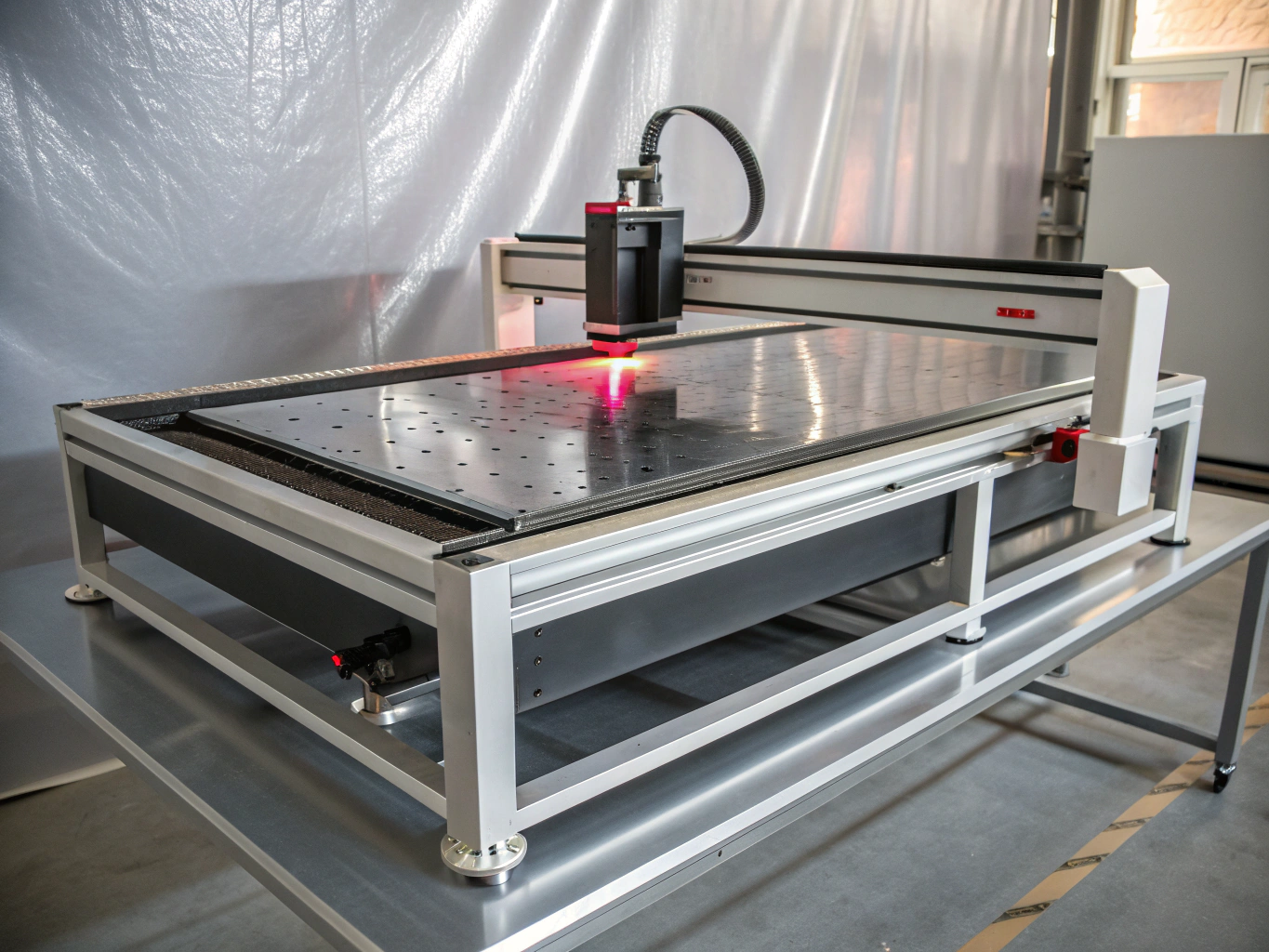Compact desktop CO2 laser engraver working on a wooden plaque