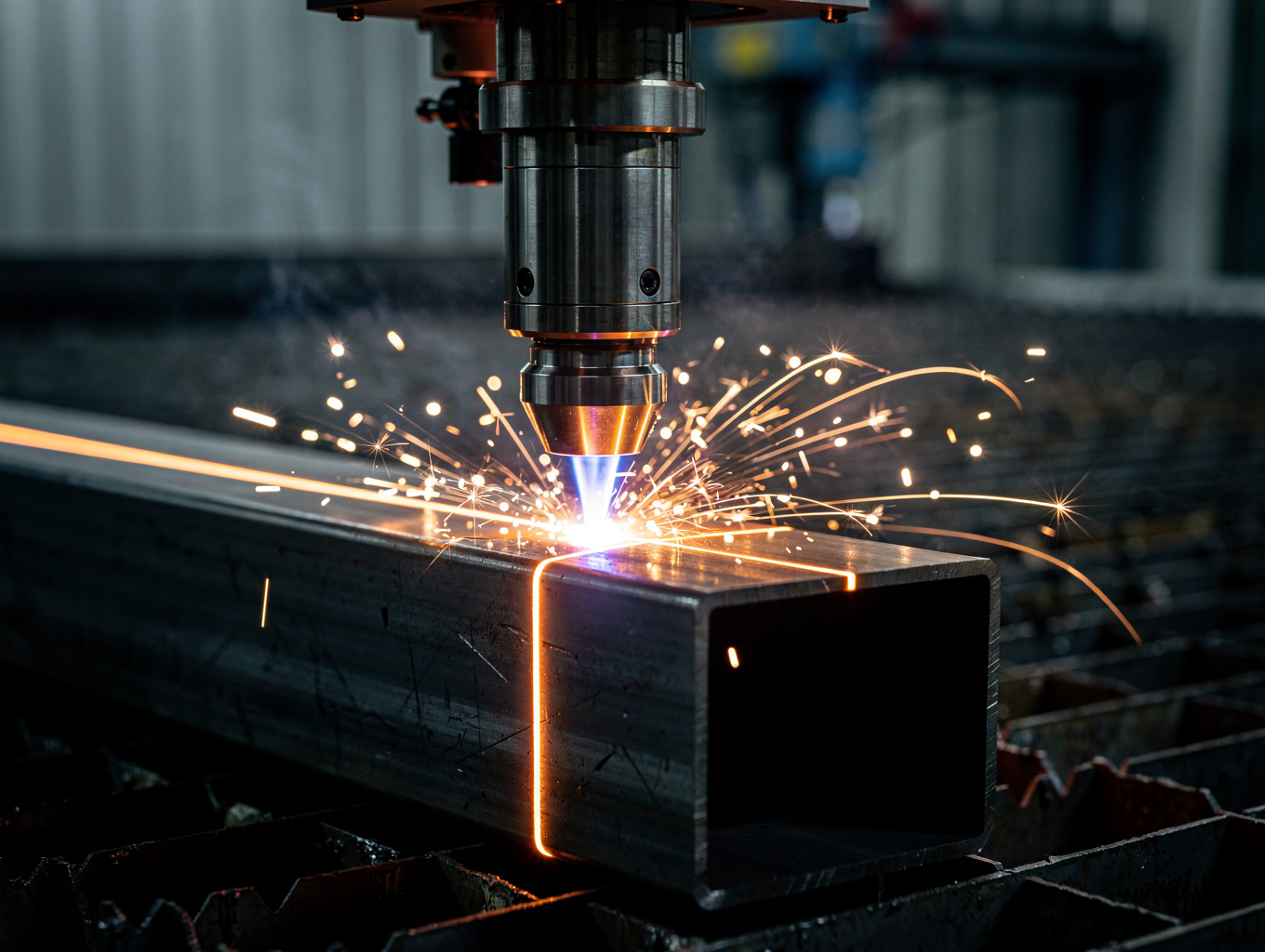 High precision fiber laser cutting a complex geometric pattern in steel