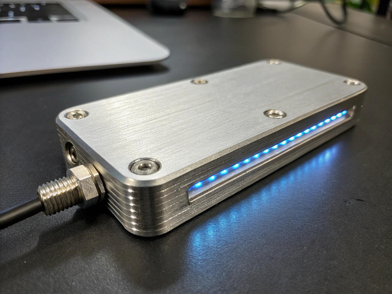 Macro photograph of fiber laser source optics