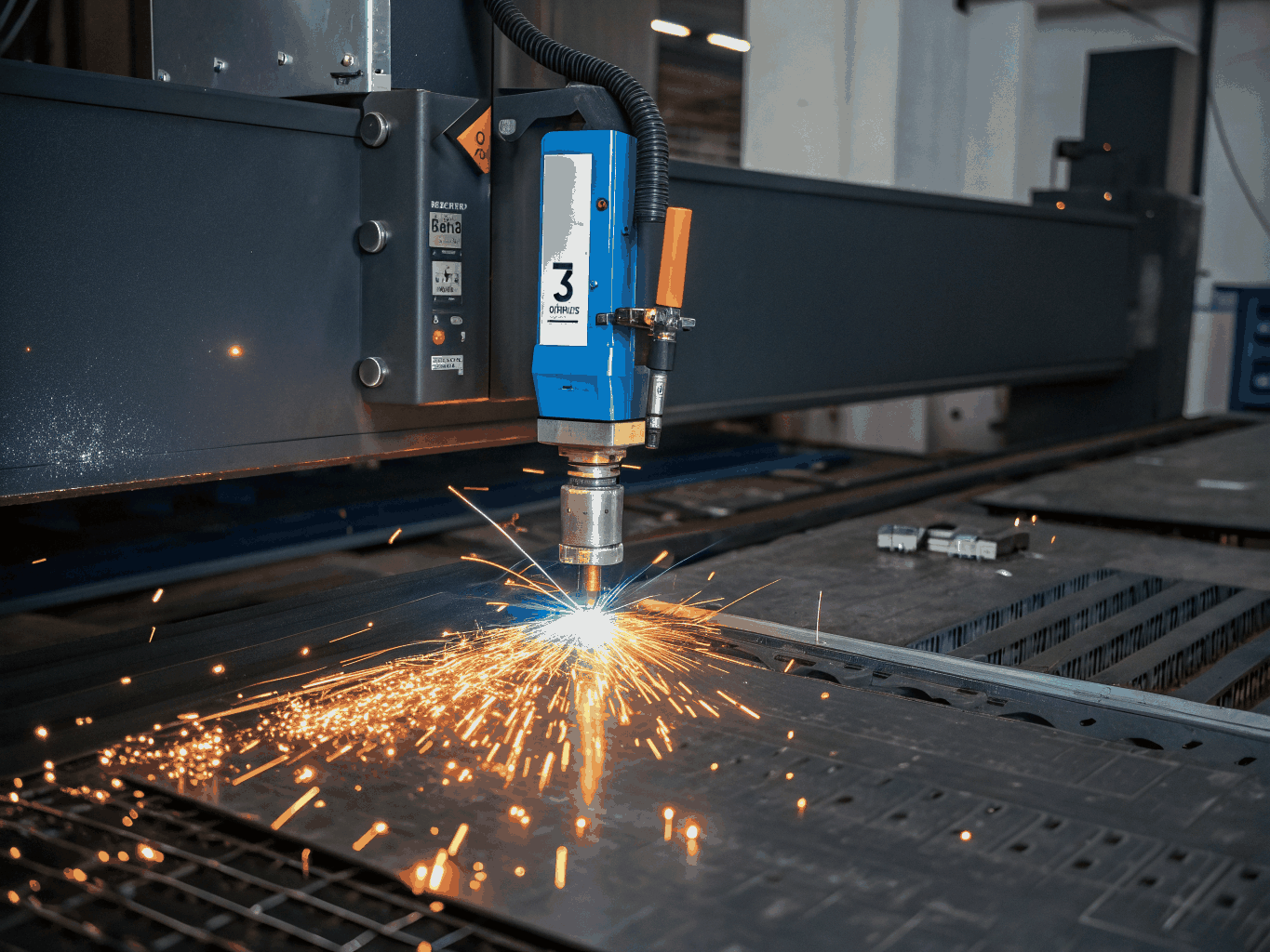 Industrial fiber laser machine cutting through thick steel plate with sparks