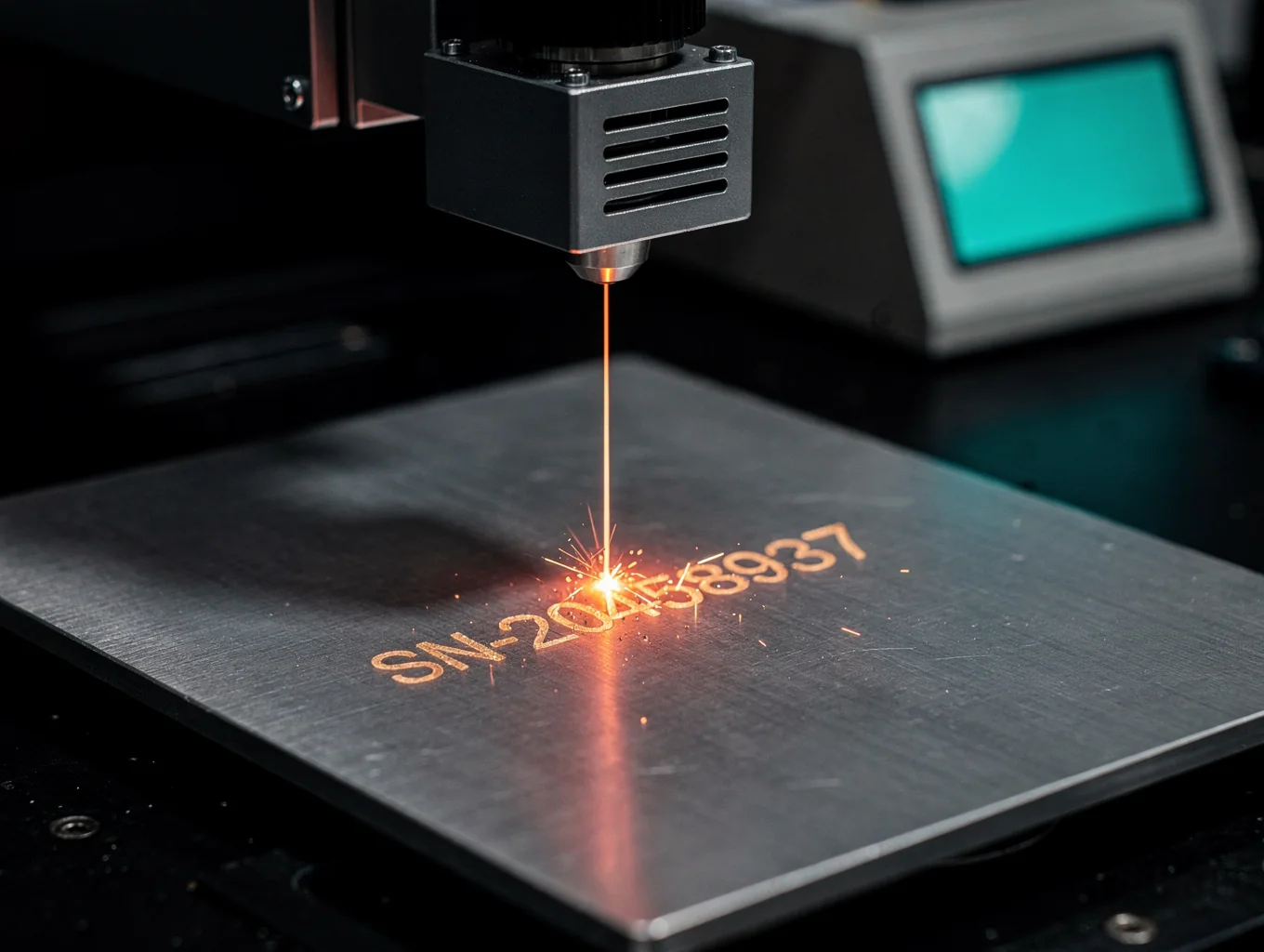 Galvo laser marking system etching a serial number onto a metal part