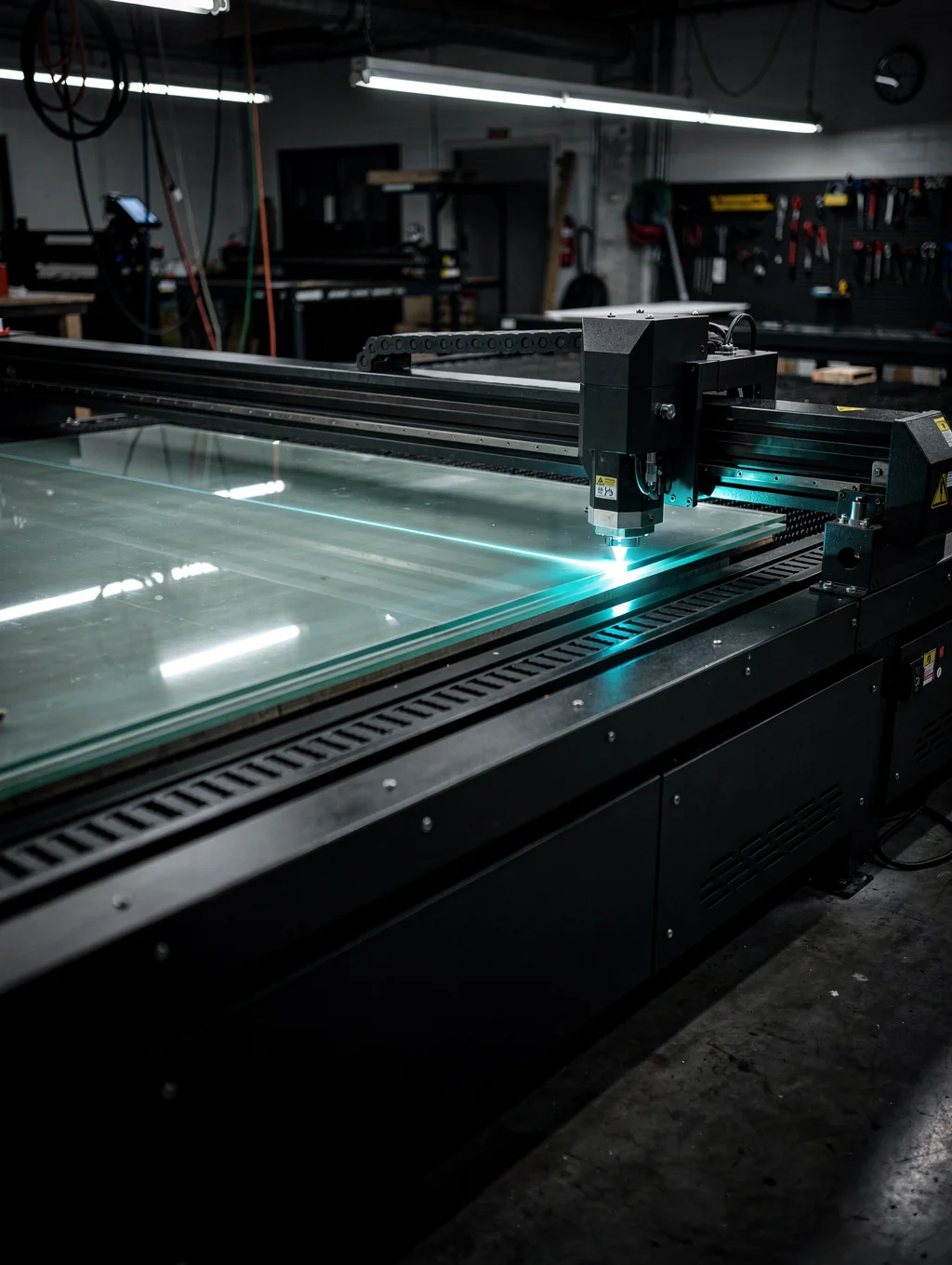 Large flatbed CO2 laser processing architectural glass