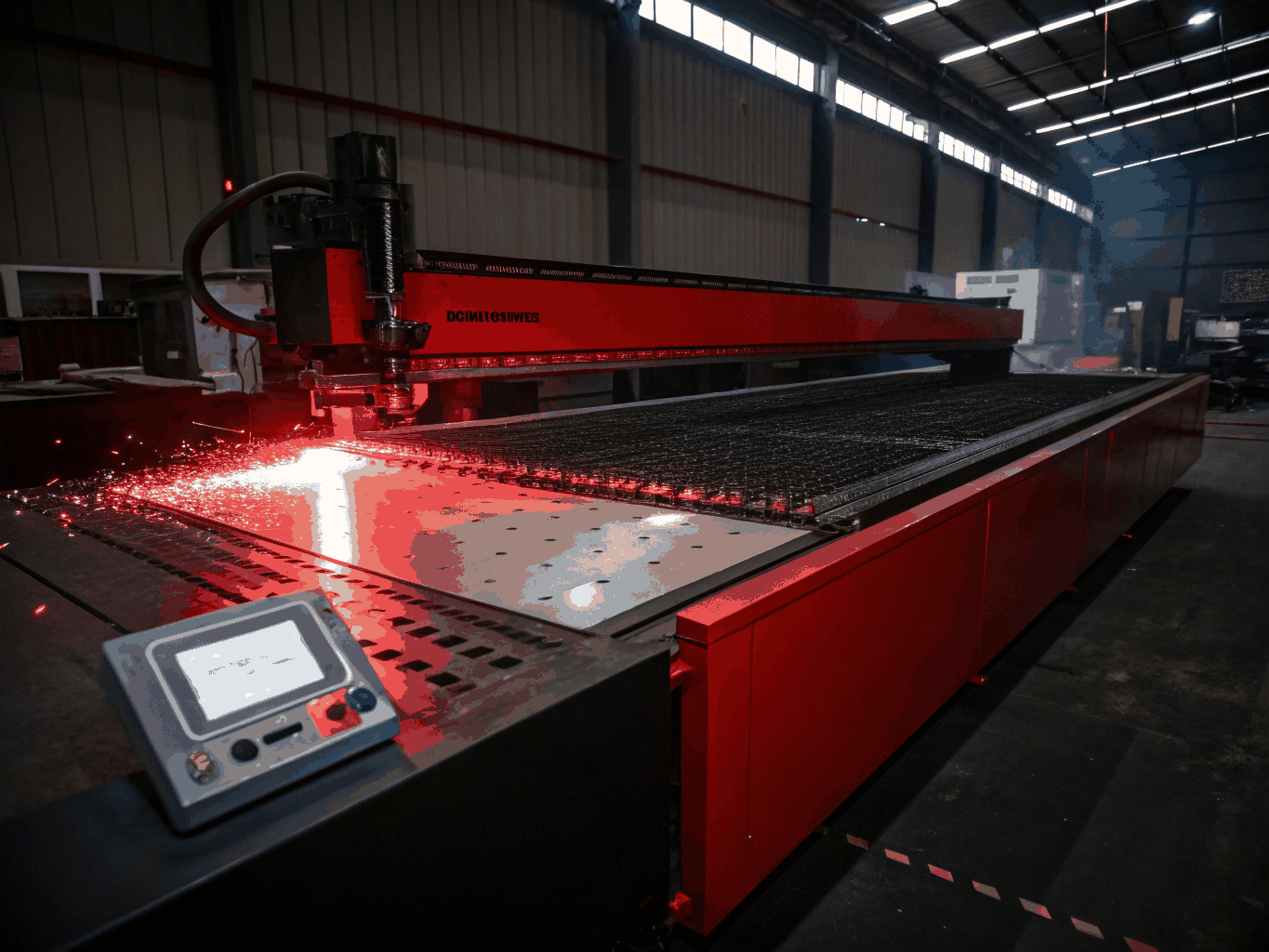 Industrial fiber laser cutting metal sheet with sparks
