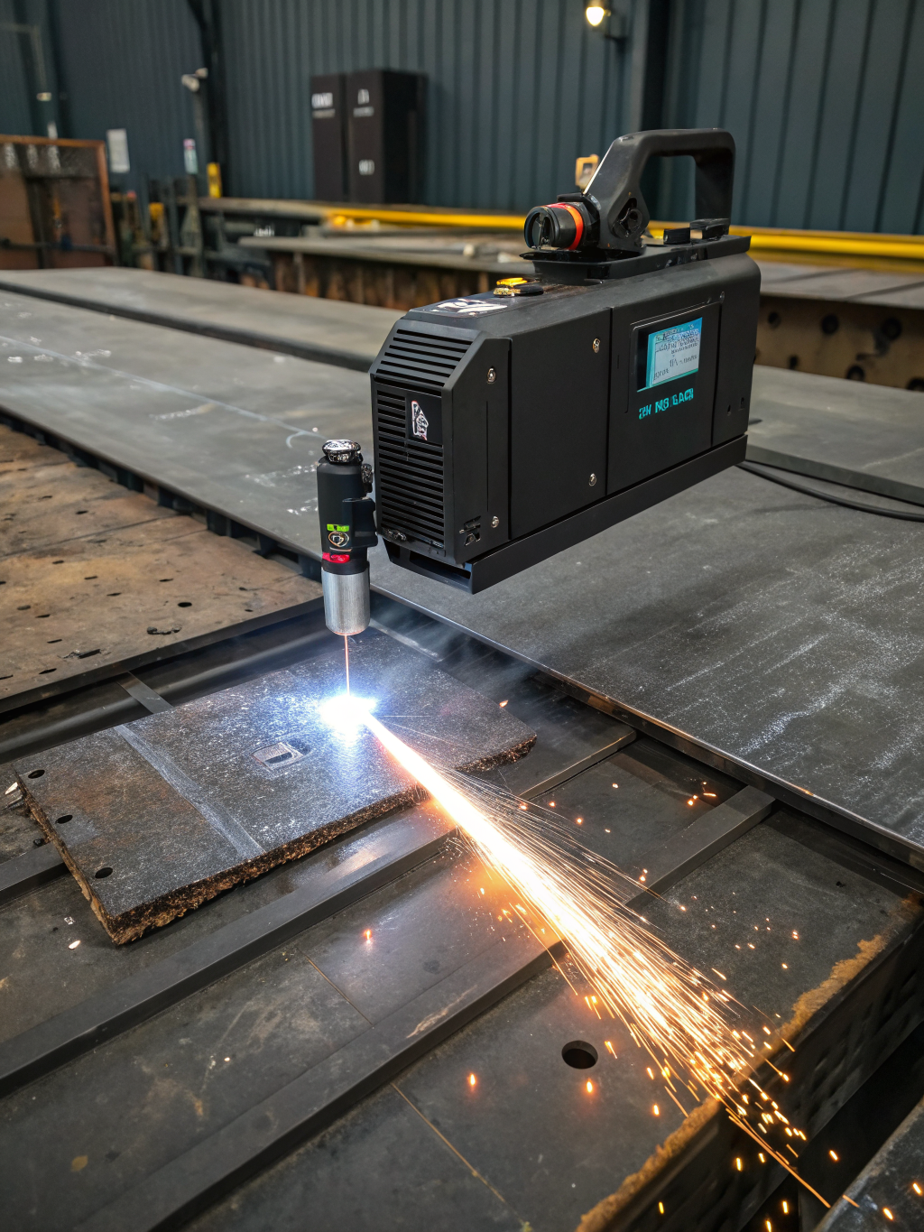 Laser cleaning head removing rust from industrial steel