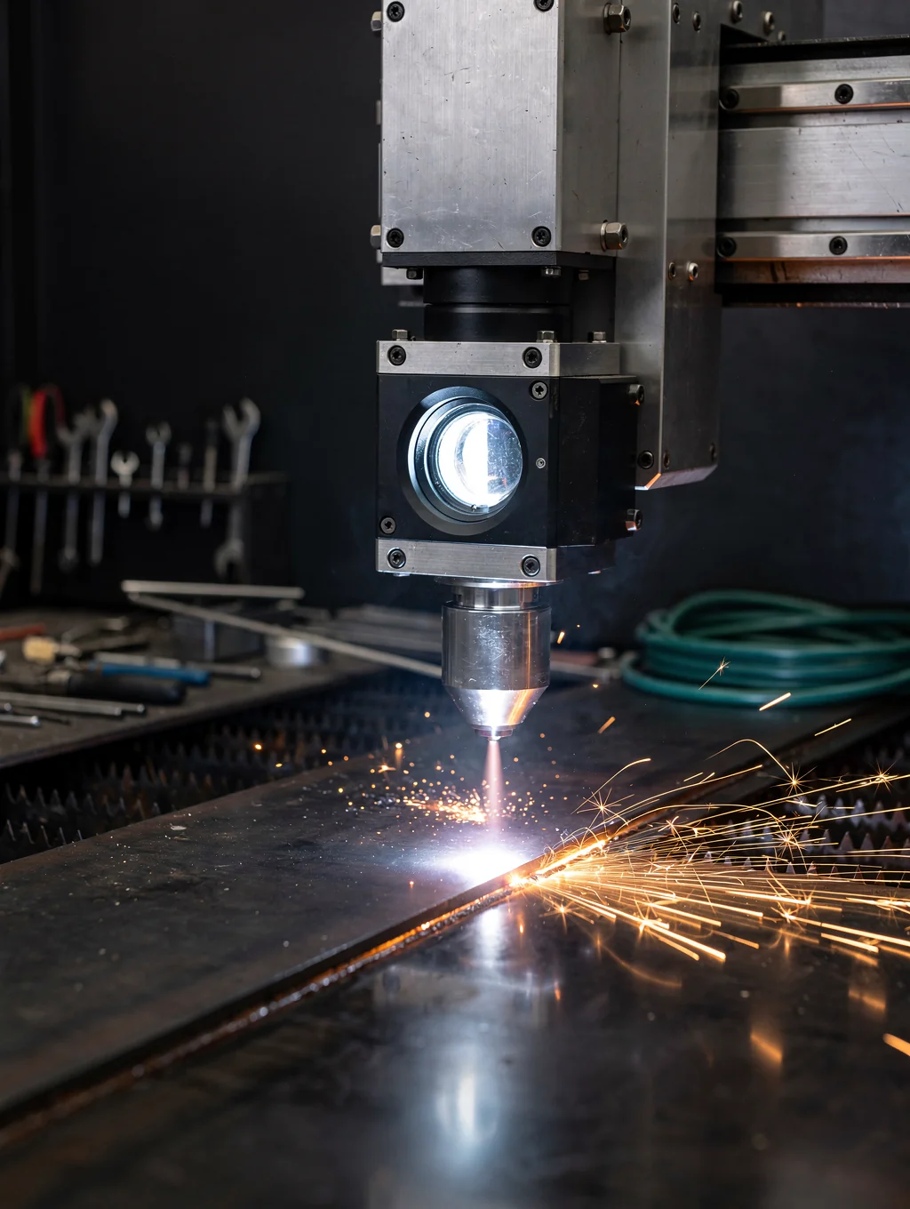 Close up of a fiber laser cutting head with blue light emission