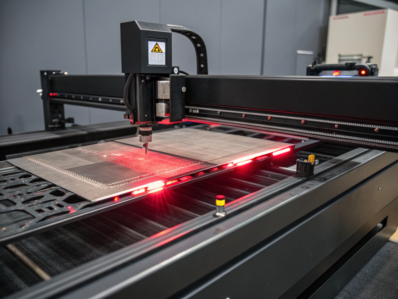 Macro photograph of industrial laser machine frame and gantry