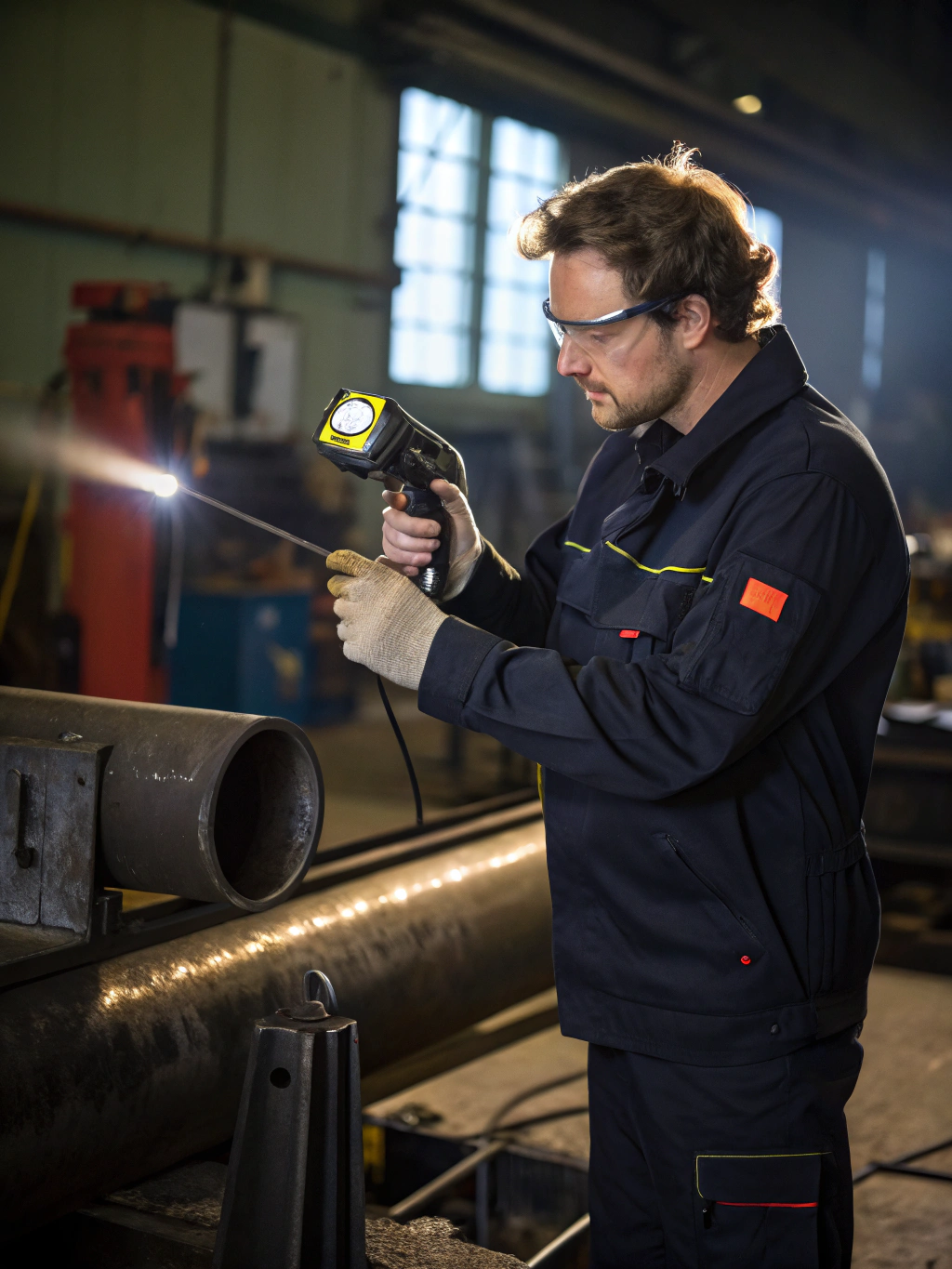 Technician inspecting laser optics assembly