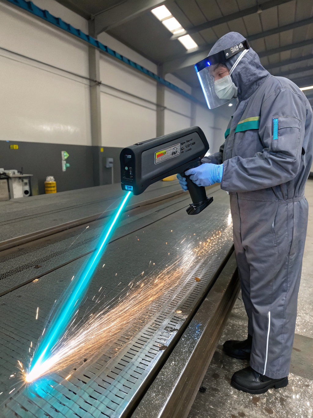 Handheld laser cleaning tool removing oxidation from a metal component