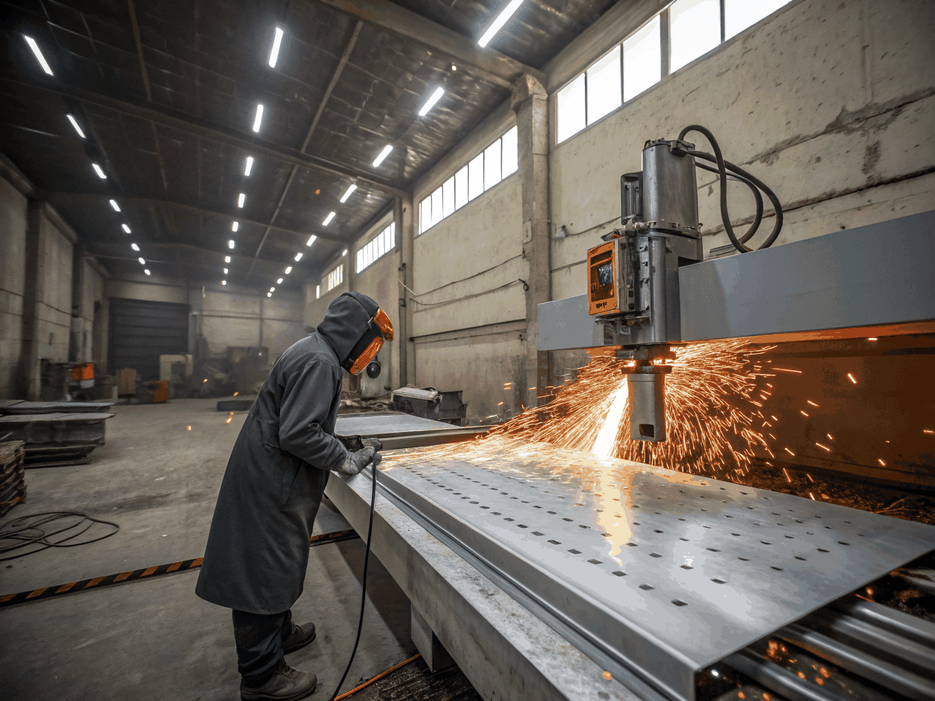 Traditional manual metal cutting with sparks and rough edges