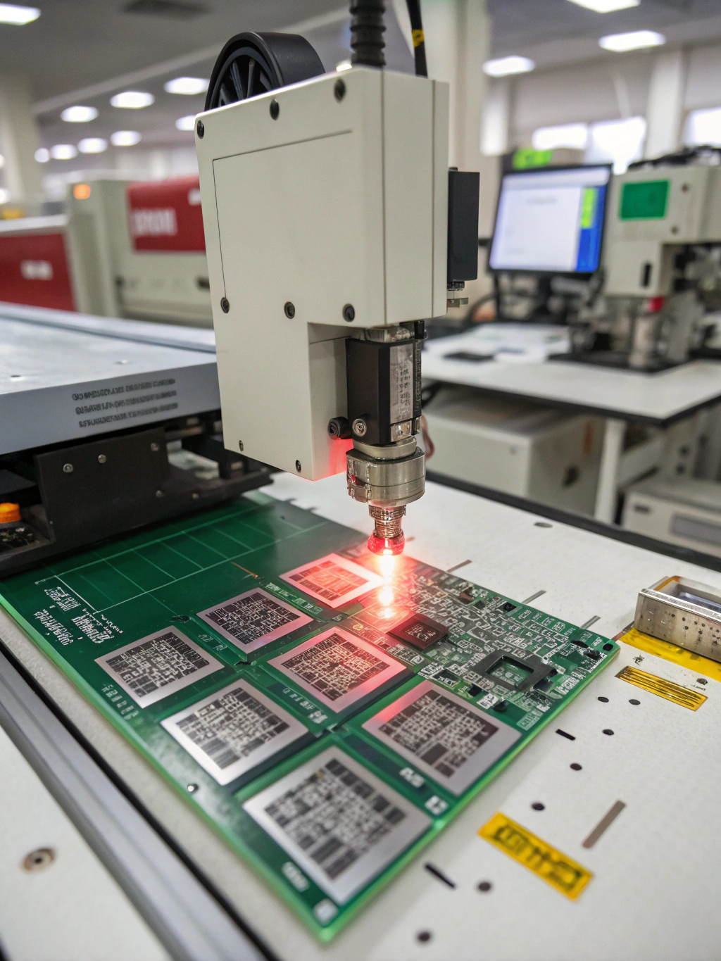 Laser marker etching serial numbers onto a metal component