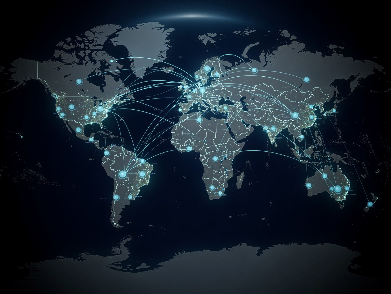 Global support network map with copper dotted polyline showing service hubs